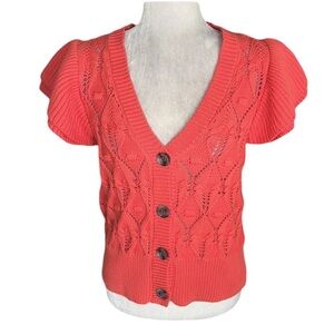 Marc New York Coral Pointelle Knit Ruffle Sleeve Button Cardigan in Cayenne  M
